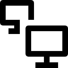 Clean line icon of two offset desktop monitors. Used for wireless networks, server-client systems, and IT dashboards.