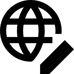 Clean line icon of a globe with a diagonal pencil. Used for network editing, web profiles, and global settings.