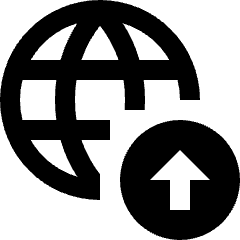 Clean line icon of a globe with an upward arrow in a circle. Used for network uploads, global transfer, and cloud data.