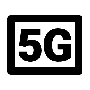 Clean line icon of a rounded rectangular badge containing 5G. Used for mobile networks and connectivity.