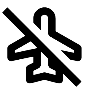 Clean line icon of an airplane crossed by a diagonal slash. Used for flight-off, airplane mode, and travel settings.