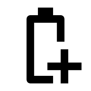 Clean line icon of a battery outline with a top terminal and a plus sign. Used for battery saver and power settings.