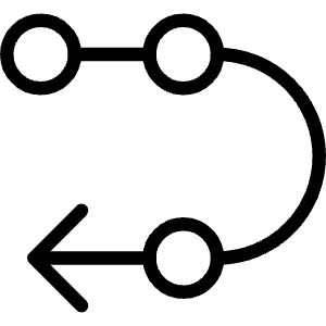 Minimal line icon of three connected circles with a left-pointing arrow and curved loop. Used for flows and process diagrams.