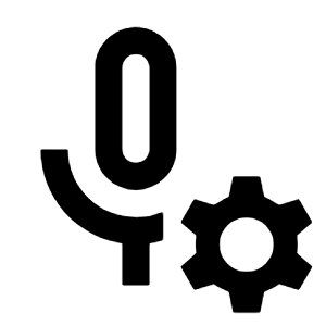 Sharp line icon of a microphone with a gear beside it. Used for voicemail settings and audio configuration.