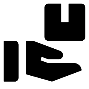 Clean solid icon of an open hand holding a package. Used for delivery, shipping, and order fulfillment.