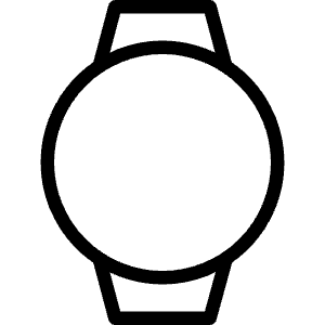 Minimal line icon of a round smartwatch with bands above and below. Used for wearable devices, fitness tracking, and time apps.