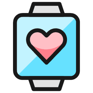 Playful creative icon of a square watch with straps and a two-tone heart. Used for health, fitness, and wearable interfaces.