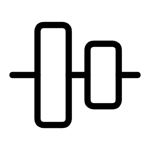 Minimal line icon of two rounded vertical bars crossed by a horizontal line. Used for alignment, layouts.