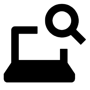 Clean solid icon of a laptop with a magnifying glass. Used for device search, laptop lookup, and technical support.