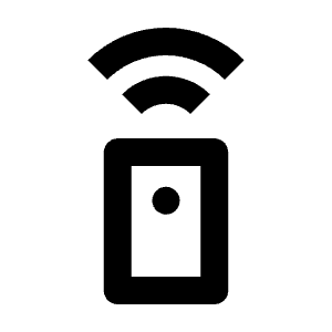 Clean line icon of a remote with two signal arcs. Used for remote controls and wireless settings.
