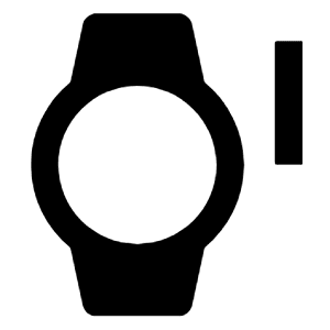 Clean solid icon of a round watch with top and bottom bands and a side button. Used for watch controls and device settings.
