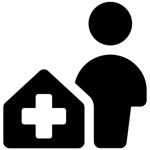 Bold solid icon of a house with a medical cross beside a person. Used for home visits and healthcare.