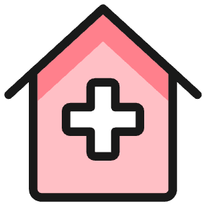 Playful creative icon of a pink house with a white medical cross. Used for hospitals, clinics, and healthcare locations.