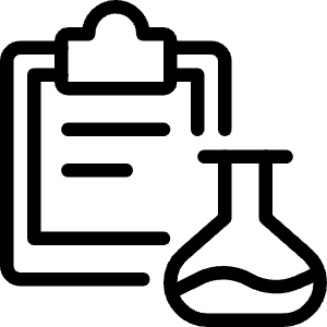 Clean line icon of a laboratory flask over a document file. Used for drug files, lab records, and research documents.