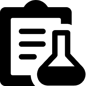 Bold solid icon of a document with three lines and a laboratory flask. Used for drug records and lab files.