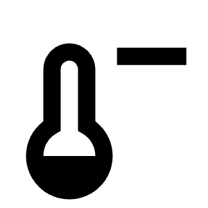 Clean solid icon of a thermometer with a minus sign. Used for cooling, temperature decrease, and climate controls.