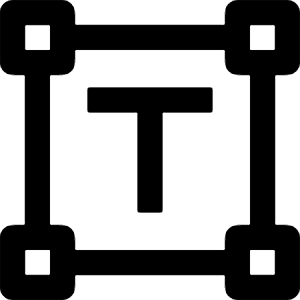Clean line icon of a T inside a square frame with four corner handles. Used for text scaling, type controls, and design.