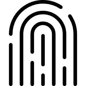 Clean line icon of a fingerprint with nested arches and gaps. Used for biometric login and identity verification.