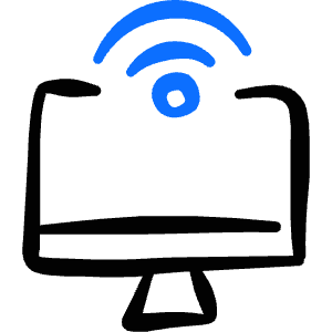 Warm hand-drawn icon of a monitor with Wi-Fi arcs and a central dot. Used for wireless network monitoring.