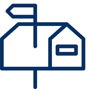 Sharp line icon of a mailbox with a raised flag and post. Used for mail, delivery, and address interfaces.