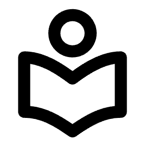 Clean line icon of an open book with a circle above it. Used for libraries, saved books, and reading collections.