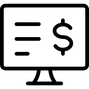 Clean line icon of a monitor with three lines and a dollar sign. Used for online payments, statements, and billing.
