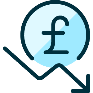 Clean duotone icon of a pound symbol in a circle with a descending arrow. Used for falling currency values and finance.
