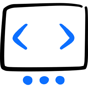 Warm hand-drawn icon of a browser window with code brackets and three dots below. Used for web tools, sliders, and controls.