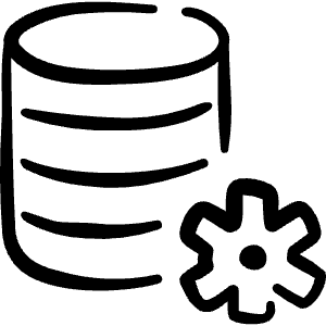 Warm hand-drawn icon of a database cylinder with three horizontal lines and a gear at lower right. Used for database settings.
