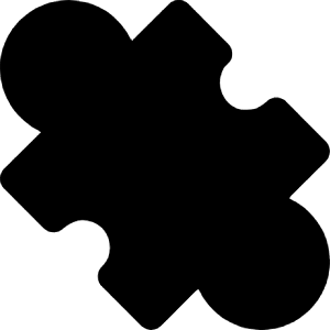 Clean solid icon of two interlocking puzzle pieces. Used for object-oriented programming, modules, and software components.