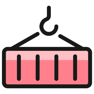 Playful creative icon of a cargo container with four bars, angled lines, and a curved hook above. Used for shipping logistics.