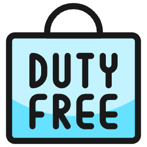 Playful creative icon of a shopping bag labeled “DUTY FREE” with a blue wave. Used for duty-free shops and travel retail.