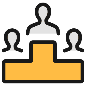 Playful creative icon of a podium with one person above two smaller people. Used for rankings, winners, and leaderboards.
