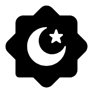 Rounded solid icon of a crescent moon and star inside a compass-like shape. Used for prayer times and religious apps.