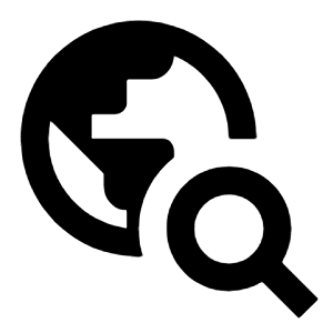 Clean solid icon of a globe with a magnifying glass. Used for travel search, destinations, and map exploration.