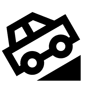 Sharp line icon of an angled rail, two circular wheels, and a triangular slope. Used for uphill routes and elevation.
