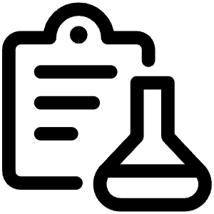Clean line icon of a clipboard beside a laboratory flask. Used for lab records, drug research, and testing.