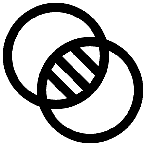 Clean line icon of two overlapping circles with a striped central overlap. Used for photo filters, image editing, and effects.