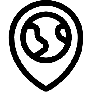 Clean line icon of a map pin containing a globe. Used for maps, locations, geospatial data, and travel apps.