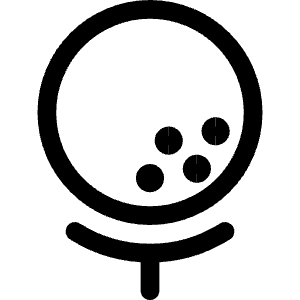 Clean line icon of a golf ball with four dimples above a tee. Used for golf, sports, games, and recreation.