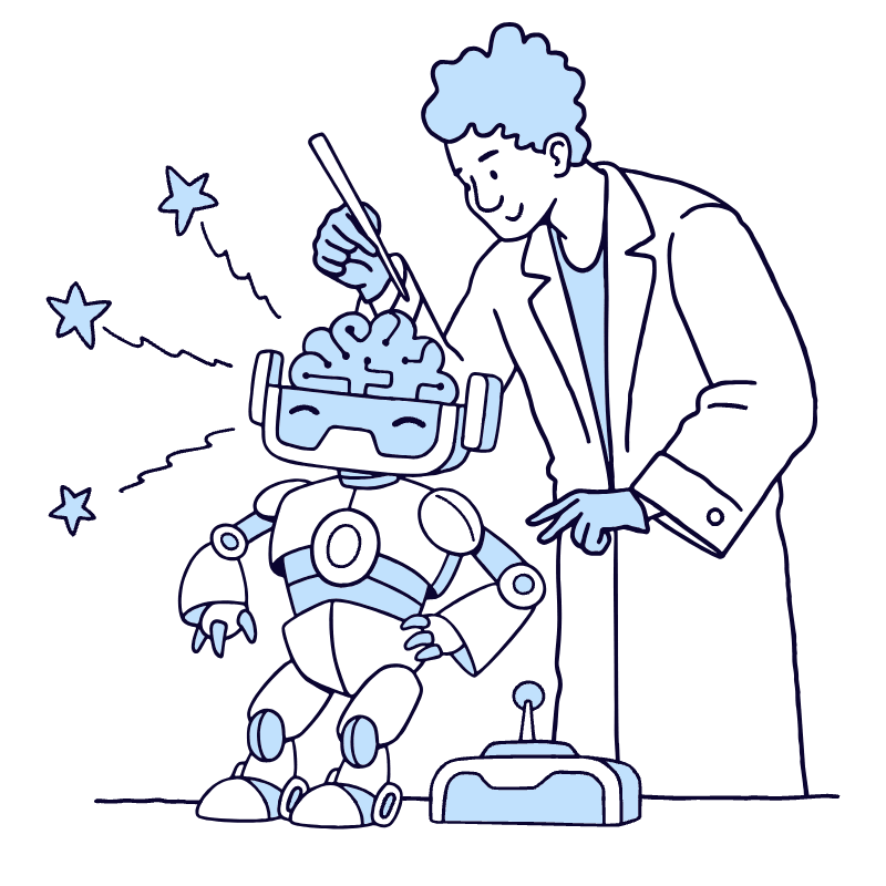 Scientists Working On Robot Computer Brain Illustration from Bruxelles Duotone Set
